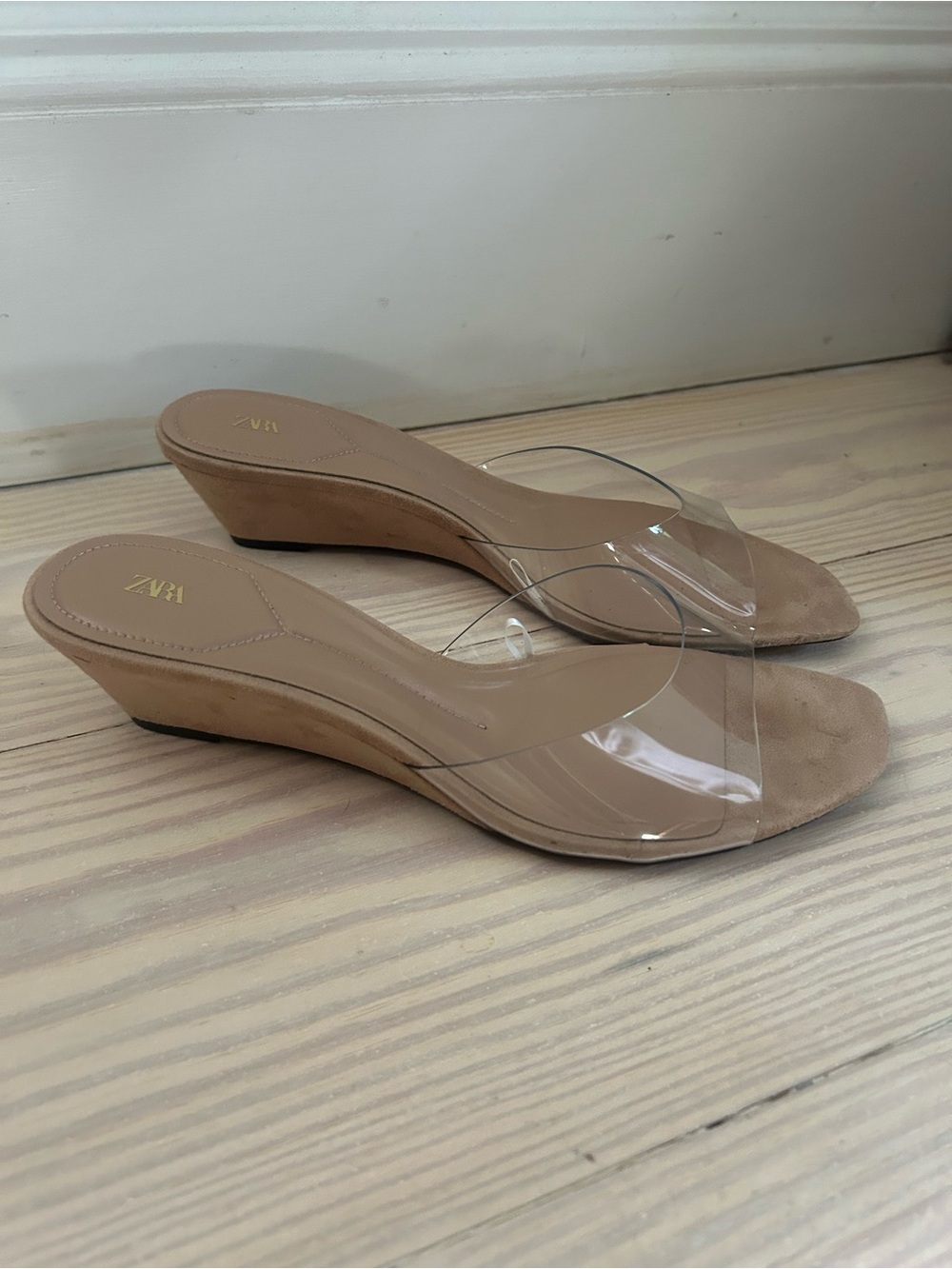 Zara Beige Clear Strap Wedge Mules